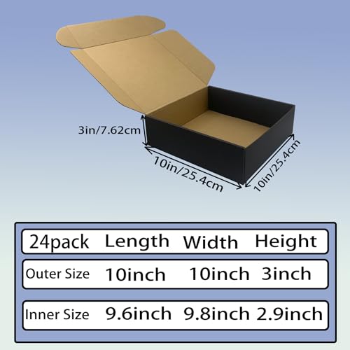 24 Pack 10x10x3 inches Black Shipping Boxes, Corrugated Cardboard Mailers - size: 10x10x3 Inches