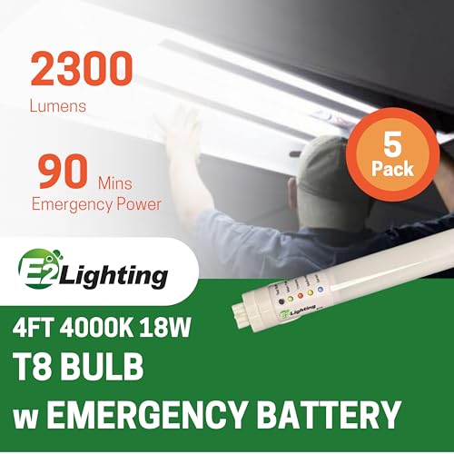 E2 LIGHTING 4ft T8 LED Bulbs, Emergency Battery, 4000K, 18W, 5 Pack - color: 4000k, size: 4 Feet