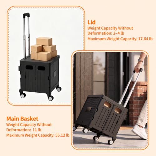 Foldable Shopping Cart with Wheels: Black Rolling Utility Crate - color: Black(m)