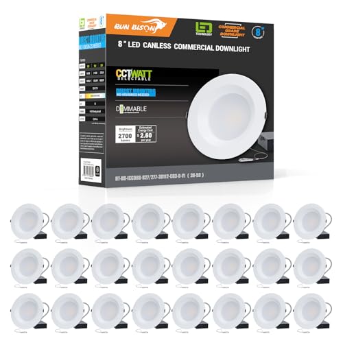 8 Inch Recessed LED Commercial Downlight with J-Box, Wattage Adjustable 16/21/27W,3 Color Selectable 3000K-5000K, 120-277V,10%-100% Dimmable, Canless LED Downlight - 24 Pack - color: 24PK, size: 8 inch