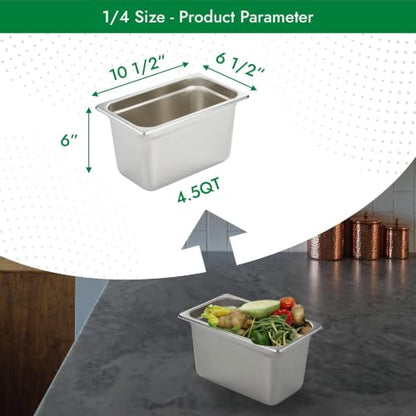 HECMAC 6 Pack Anti-Jam Hotel Pans, 1/4 Size 6 Inch Deep, Commercial Stainless Steel Chafing Steam Table Pan, Catering Storage Metal Food Pan, 23 Gauge - size: 1/4 Size, 6" Deep