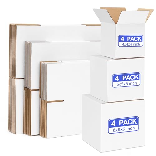 Eupako 12 Pack Small Shipping Boxes Assorted Sizes, 4x4x4 & 5x5x5 & 6x6x6 4 PCS Each Small Boxes, White Corrugated Box Mailers, Cardboard Boxes for Packaging Small Business, Mailing - size: 4x4x4 & 5x5x5 & 6x6x6 Inches