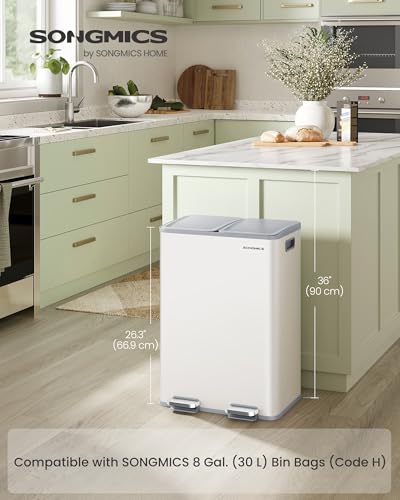 SONGMICS Trash Can, 2 x 8 Gallon (2 x 30 L) Dual-Compartment, Soft-Close - color: Matte White, size: 2 x 8 Gallon