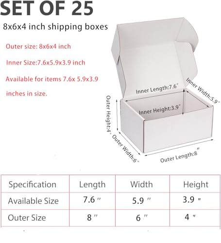 8x6x4 inch White Shipping Boxes for Small Business- Set of 25 - color: White, size: 8x6x4 Inch
