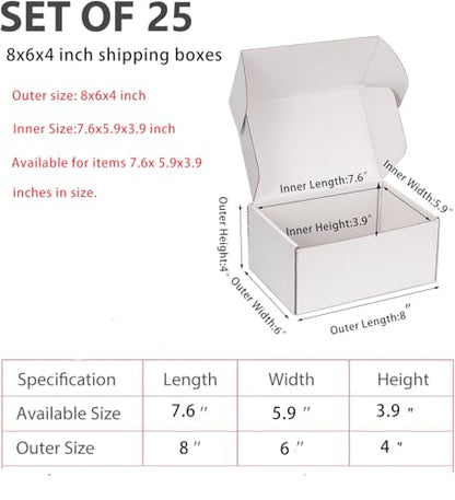 8x6x4 inch White Shipping Boxes for Small Business- Set of 25 - color: White, size: 8x6x4 Inch