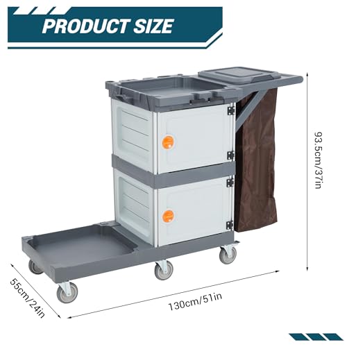 Heavy-Duty Commercial Janitorial Cleaning Cart with Dual Cabinets, 3 Storage Shelves, Vinyl Trash Bag & Smooth-Rolling Wheels – Professional Housekeeping Trolley for Hotels, Schools & Apartments - color: Grey