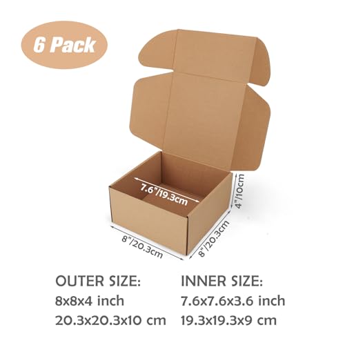 8x8x4 inch Cardboard Shipping Boxes, Set of 6 Gift Boxes, Brown - color: Brown, size: 8x8x4 inch 6 Pack