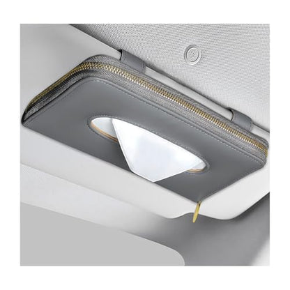 Car Tissue Holder, PU Leather Auto Sun Visor Tissue Case Napkin Holder with Zipper, Rectangular Mask Dispenser Hanging Paper Towel Organizer for Cars SUVs Trucks RVs (Gray) - color: Gray