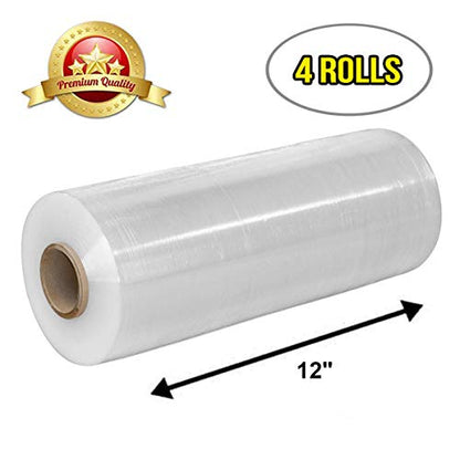 APQ 4 rolls of Cast Hand Stretch Film 12" x 2000'. Hand Stretch Wrap, 60 Gauge Thickness. Excellent Tear Resistance. Clear Residue Free Film for Moving, Shipping, Wrapping. Industrial Grade Cast Film. - size: 12" x 2000'