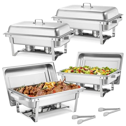 VEVOR Rectangle Chafing Dishes, 9 Qt 4 Pack Stainless Steel Chafing Dish, Food Warmer Chafer Complete Set with Hollow Handle, 2 Food Tongs, Lid, Canister Holder, Chafer Dishes for Banquet Wedding - size: 4 PACKS