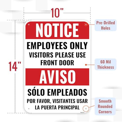 1PC Employee Entrance Only Sign Bilingual, 14 x 10 Inches - Aluminum - Visitors Please Use Front Door - Employees Staff Only Beyond This Point Private Entrance - color: 14" x 10"