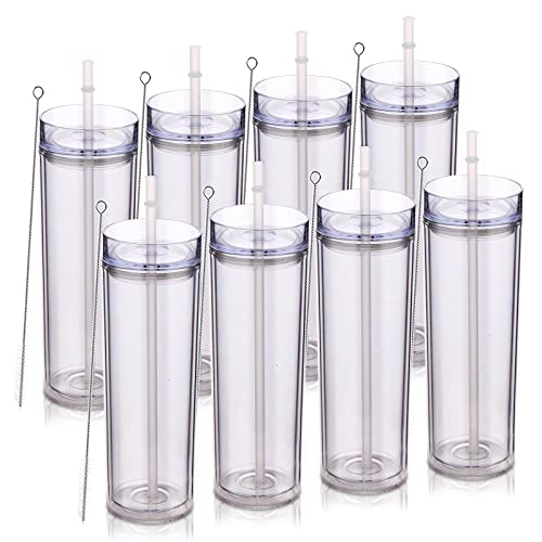 Volhoply 20oz Tumbler with Lid and Straw 8 Pack,Double Wall Plastic Skinny Tumblers Bulk,Reusable Travel Cute Coffee Mug,BPA Free Matte Acrylic Water Cups With Straw for Party,DIY Gifts(Clear,8 Set) - color: Clear