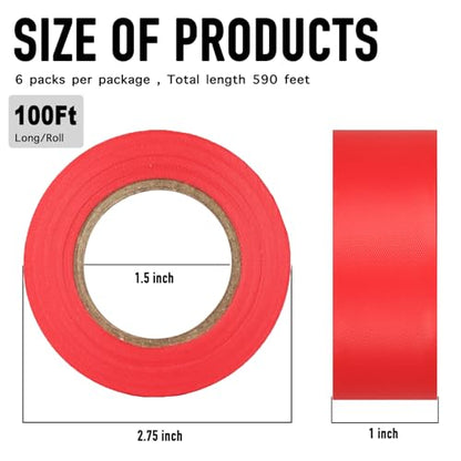 GEYYANG Red Flagging Tape, 6 Pack, 1" x 100ft, 3.35 Mil - color: Red, size: 1in X 100ft
