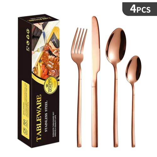 4 Piece Flatware Set - Stainless Steel Mirror Polished Silverware Kit Lightweight Fork & Spoons Cutlery Set for Home, Restaurant, Party, Wedding Gift (Rose Gold) - color: Rose Gold