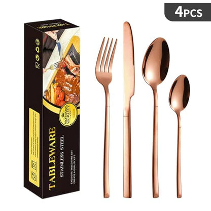 4 Piece Flatware Set - Stainless Steel Mirror Polished Silverware Kit Lightweight Fork & Spoons Cutlery Set for Home, Restaurant, Party, Wedding Gift (Rose Gold) - color: Rose Gold