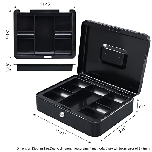 KYODOLED Metal Cash Box with Money Tray and Lock,Money Box with Cash Tray,Cash Drawer,11.81"x 9.45"x 3.54" Black X Large - color: Black, size: X Large