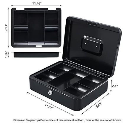 KYODOLED Metal Cash Box with Money Tray and Lock,Money Box with Cash Tray,Cash Drawer,11.81"x 9.45"x 3.54" Black X Large - color: Black, size: X Large