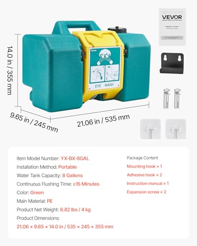 VEVOR Portable Eye Wash Station 8 Gal, OSHA-Approved Eyewash Station Wall-Mounted/On Flat Surface, Emergency Eye Wash Unit with 2 Sprays, First Aid Eyewash Units for Schools, Labs, Factories, Green - style: Portable Eye Wash Station 8 Gal