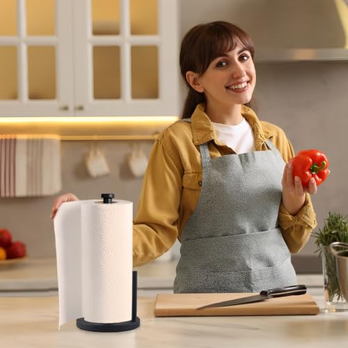 Black Paper Towel Holder Countertop - Weighted Stainless Steel Paper Towel Stand with Non-Slip Base & One-Hand Tear Design for Kitchen, Fits Standard & Jumbo Rolls