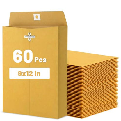 9 x 12 Expandable Manilla Envelopes with Clasp & Gummed Seal, Heavy Duty 180gsm Kraft Paper, 1.2″ Expandable Gussets, Reusable Mailer File Organizer for Documents, Contracts, Bills, Blueprints (60)