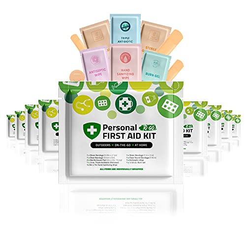 Personal First Aid Kit- 10 Pack | Clean, Treat, Protect Minor Cuts, Scrapes and Burns | Perfect for Home, Office, Car, School, Business, Camping | Individually Wrapped First Aid Products (Green)