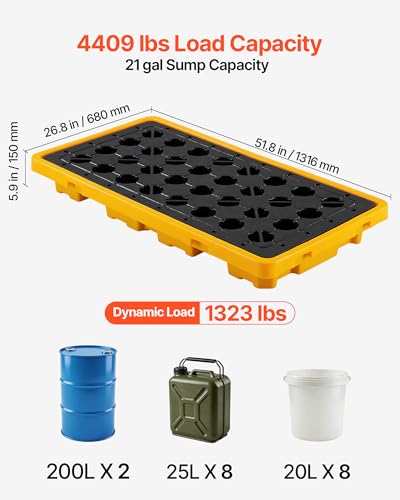 VEVOR Spill Containment Pallet, 2 Drum Low Profile Spill Containment Modular Platform, 21 Gallon Sump, 4409 lbs Load Capacity, Heavy-Duty Polyethylene Tray with Drain, 51.8" x 26.8" x 5.9", Yellow