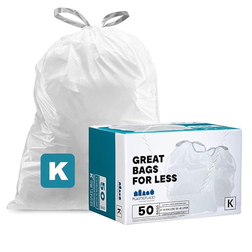 Plasticplace Custom Fit Trash Bags, Compatible with simplehuman Code K (50 Count) White Drawstring Garbage Liners 10 Gallon / 38 Liters 24" x 28" - color: White, size: 50 Count (Pack of 1)