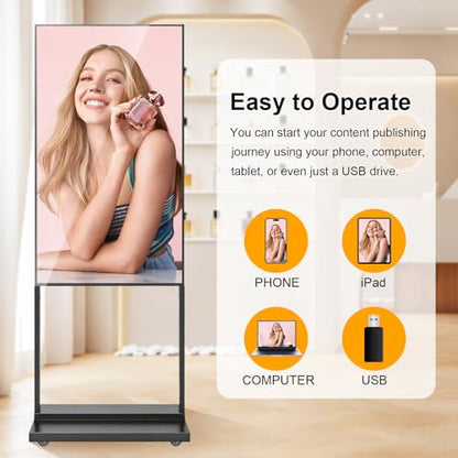 32 Inch Floor Standing Digital Signage, 700nits High Brightness Slim Frameless Advertising Display, Digital Signage with CMS/U-Disk Plug&Play, Split Screen, 7/24 Timer switch,HDMI/USB/WiFi/Android OS