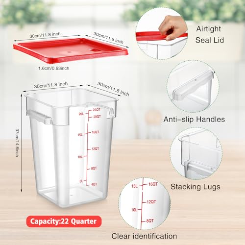 Suclain 2 Pcs Square Food Storage Container Polycarbonate Clear Food Container with Lid Commercial Rice Storage with Graduations for Commercial Kitchen(22 Qt,Red) - color: Red, size: 22 Qt