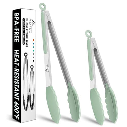 HOTEC Stainless Steel Kitchen Tongs with Silicone Tips, Set of 2-9" and 12" - color: Light Green:12+9inch
