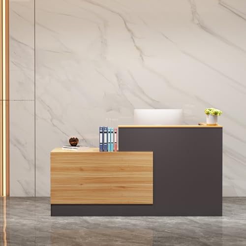 L-Shaped Reception Desk with Lockable Drawers, Adjustable File Cabinet & Keyboard Tray, Modern Front Counter for Office, Salon, or Lobby (Right-L Natural Wood/Slate Gray, 70.9''L x 23.6''W x 41.3''H) - color: Right-l Natural Wood/Slate Gray, size: 70.9''L