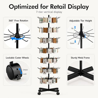 7-Tier Heavy Duty Rotating Display Rack with Wheels, Metal Floor Spinner Stand for Retail Store, Adjustable Keychain & Jewelry Display Shelves for Craft Fair & Showroom