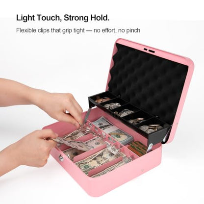 Cash Box with Key Lock – 0.7mm Steel Cash Drawer with Money Bag & Auto-Pop Coin Tray, 4 Upgraded Finger-Safe Bill Clips, Portable Register for Vendors, Business & Home, 11.8" x 9.5" x 3.5", Soft Pink - color: Soft Pink