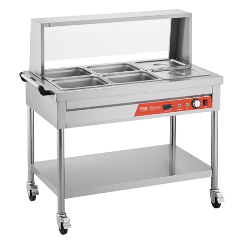 VEVOR 6-Pan Commercial Food Warmer, 6 x 1/2 Pans Electric Steam Table, 1500W Professional Buffet Catering Food Warmer with Shield Undershelf Wheels, Stainless Steel Server for Party Restaurant - size: 6*1/2 Pans