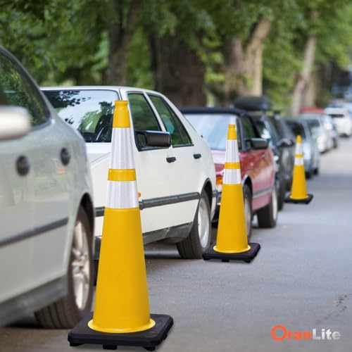 6 Pack 36" Large-Sized PVC Traffic Cones with Heavy-Duty Black Base, Garage Parking Lot Cones Structurally Stable Weatherproof Road Construction Safety Cones (6, Yellow, 36" Extra Large) - color: Yellow, size: 36" Extra Large
