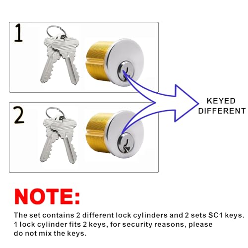 2Pcs Brass Mortise Cylinder Locks with 2 SC1 Keyway Keys - size: 1-1/8 inch Door Cylinder Locks