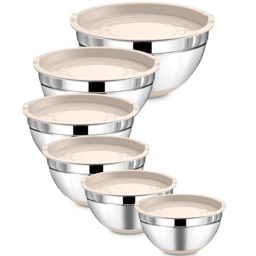 LIANYU 6 Piece Mixing Bowls Set with Airtight Lids, Metal Nesting Bowl - color: Khaki, style: Anchor Base with Airtight Lids