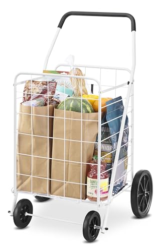 Whitmor Deluxe Utility Foldable Shopping Cart with Wheels, 100 Lb Capacity, Heavy Duty Grocery Cart with Steel Frame, Foam Handle, Rolling Folding Utility Trolley for Grocery, Laundry, Travel, White - size: 15.75"L x 17.75"W x 40.5"H, White