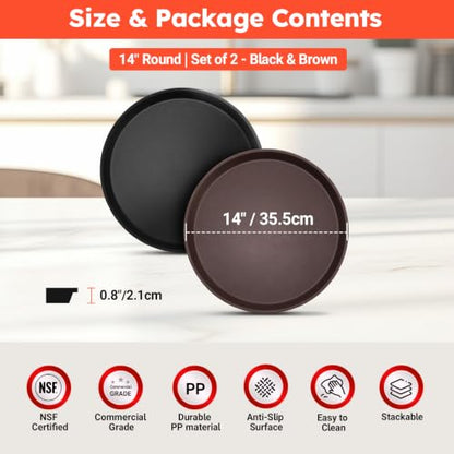 2 Pack 14" Commercial Non-Slip Round Serving Trays, NSF, Black&Brown - color: Black & Brown, size: 14"