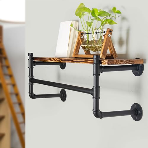 WEBI Wall Mounted Clothes Rack with Shelf,32" Industrial Pipe Clothing Rack with Shelves,Heavy Duty Iron Garment Rack Bar,Retail Display Clothes Rod for Clothes,Laundry Room,Black - color: Black, size: 32 Inch