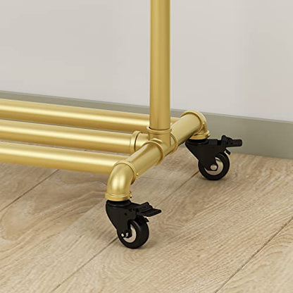 Industrial Gold Clothing Racks on Wheels, Boutique Display Gold Clothes Rack with Shelf, Rolling Garment Rack for Retail Use - style: pipe-3rod