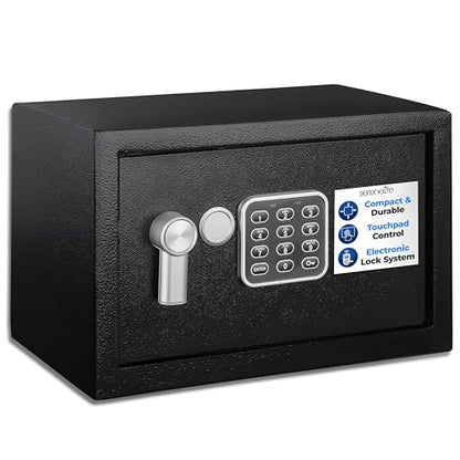 SereneLife Electronic Safe Box | Heavy-Duty 12.2’’ x 7.8’’ Small Lockbox | Digital Keypad Code & 2 Key Override | Compact Money Safe for Cash, Jewelry, Valuables | Wall & Floor Mountable Storage - color: Matte Black