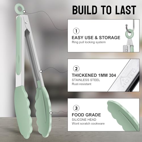 HOTEC Stainless Steel Kitchen Tongs with Silicone Tips, Set of 3-7",9" &12" - color: Light Green:12+9+7inch