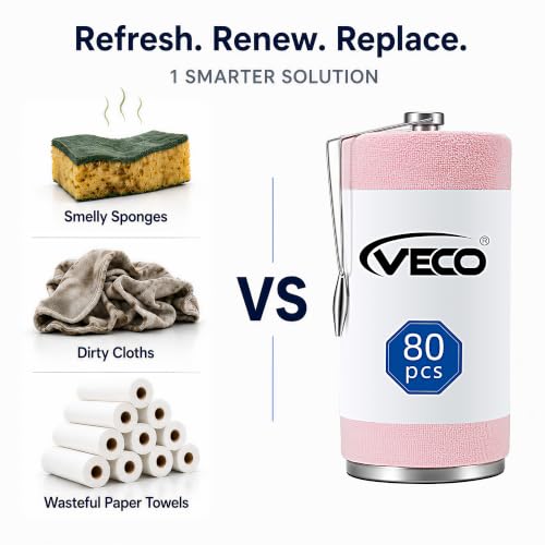 Veco Microfiber Cleaning Cloth Roll with Holder 80 PCS, 12" x 12" Pink - color: Pink-st