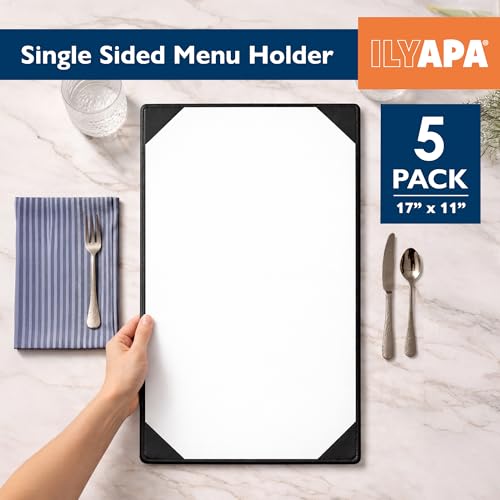 Ilyapa 5 Pack Restaurant Menu Covers 11 x 17 - Vinyl Leather Menu Holder, Single Sided Book with Corner Sleeves for Display of Wedding Menus, Weekly Kitchen Specials & Bar Drinks for Table Top - size: 11 x 17