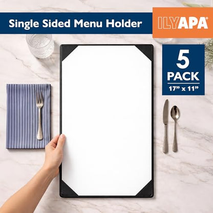 Ilyapa 5 Pack Restaurant Menu Covers 11 x 17 - Vinyl Leather Menu Holder, Single Sided Book with Corner Sleeves for Display of Wedding Menus, Weekly Kitchen Specials & Bar Drinks for Table Top - size: 11 x 17