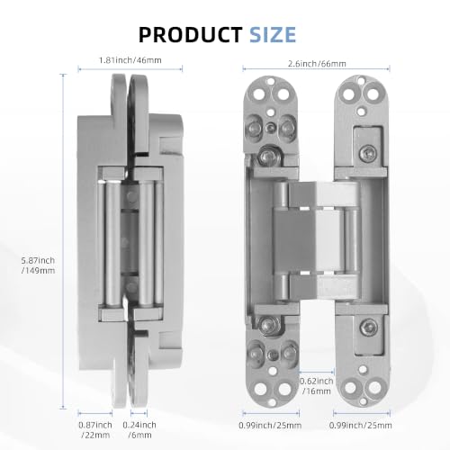 4-Pack 6 inch Hidden Door Hinges Heavy Duty Silver, Invisible Concealed Hinges Zinc Alloy 6''x 2.5''x1Inch, 180 Degree Swing Hinge, 3 Way Adjustable Hinge with Pins and Screws - color: Silver, size: 6 Inch