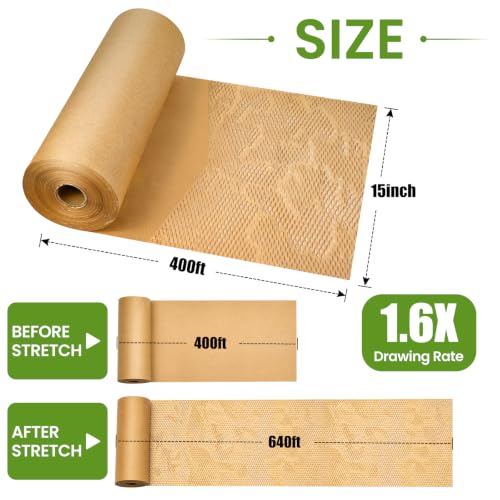 Honeycomb Packing Paper, 15" x 400' Recyclable Brown Filler Paper with Cushion Protection, for Moving,Shipping,Gift Wrapping,Brown Packing Paper,with 30 Fragile Sticker Labels
