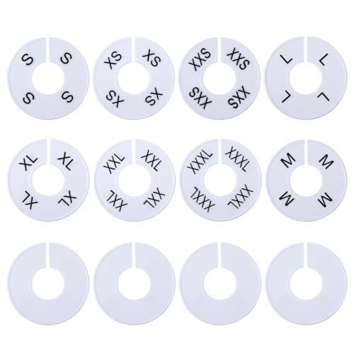 12Pcs Clothing Rack Size Dividers Round White Plastic Wardrobe Round Hangers Label for Clothing Rack Pre-Labeled (XXS-XXXL) Blank Dividers for Clothes Organization