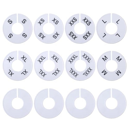 12Pcs Clothing Rack Size Dividers Round White Plastic Wardrobe Round Hangers Label for Clothing Rack Pre-Labeled (XXS-XXXL) Blank Dividers for Clothes Organization